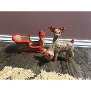 Vintage Kimple Ceramic Mold Christmas Set Reindeer Hand-painted Sleigh Red Brown